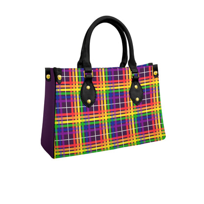 Rainbow/Eggplant Tartan Plaid Tote Bag with Black Handles and Zippered Pockets