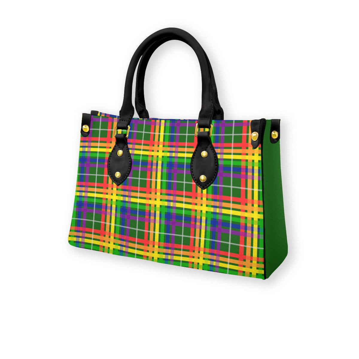 Rainbow/Myrtle Tartan Plaid Tote Bag with Black Handles and Zippered Pockets