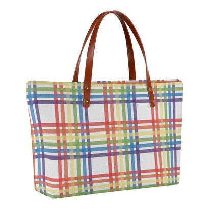 Muted Rainbow/White Tartan Plaid Zippered Neoprene Tote Bag