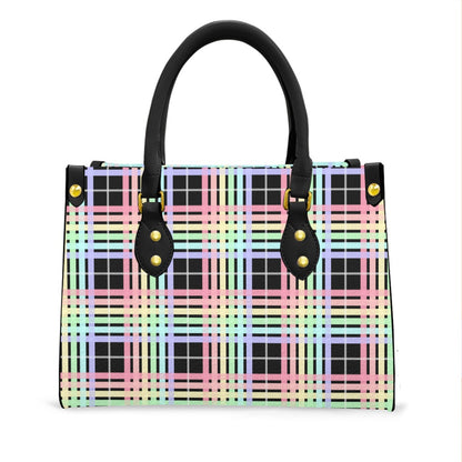 Pastel Rainbow/Black Tartan Plaid Tote Bag with Black Handles and Zippered Pockets