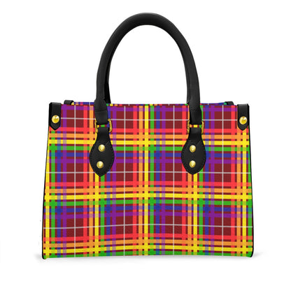 Rainbow/Japanese Maple Tartan Plaid Tote Bag with Black Handles and Zippered Pockets