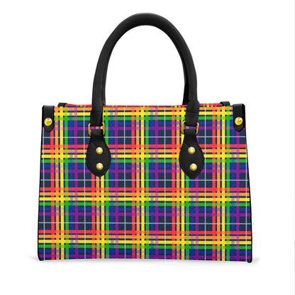 Rainbow/Navy Tartan Plaid Tote Bag with Black Handles and Zippered Pockets