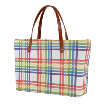 Muted Rainbow/White Tartan Plaid Zippered Neoprene Tote Bag