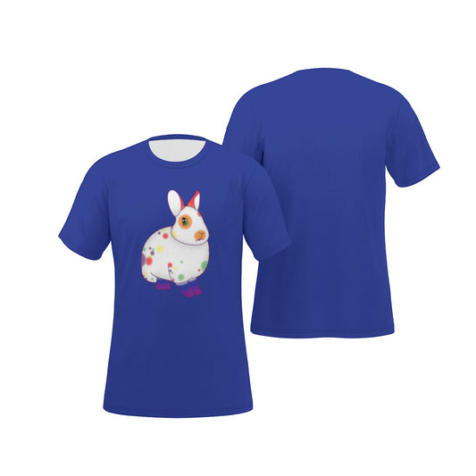 Rainbow Spotted Bunny with Blue Background Relaxed Fit O-Neck T-Shirt