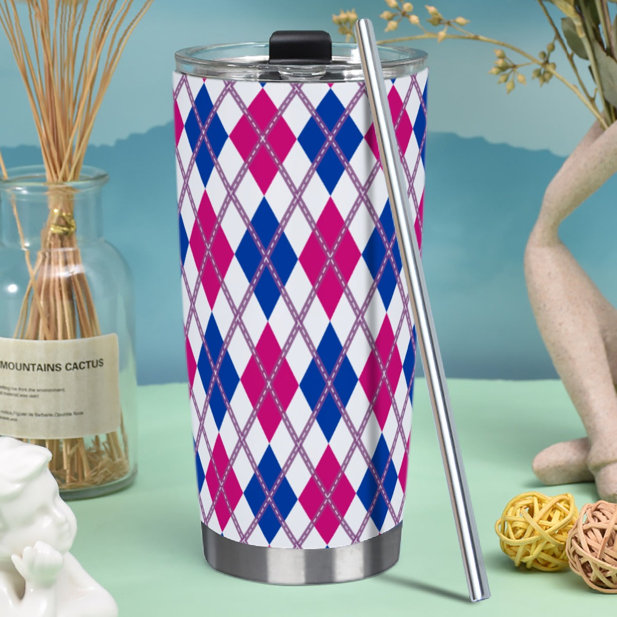 Bisexual/White Argyle Hot/Cold Tumbler with Steel Straw (20oz )