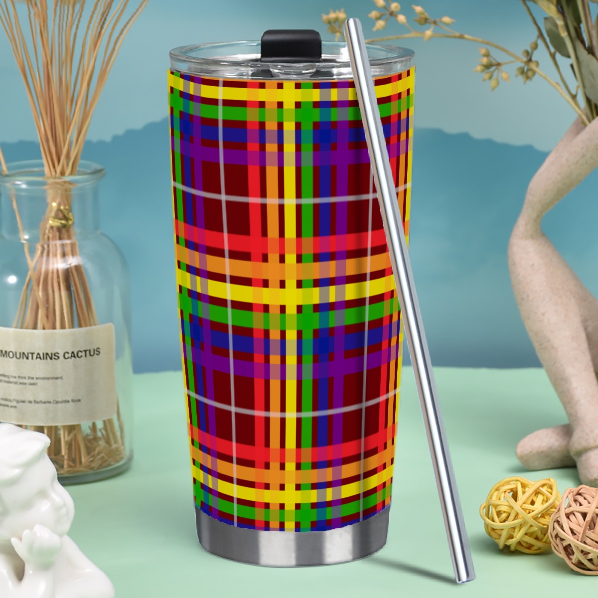 Rainbow/Japanese Maple Tartan Plaid Hot/Cold Tumbler with Steel Straw (20oz )