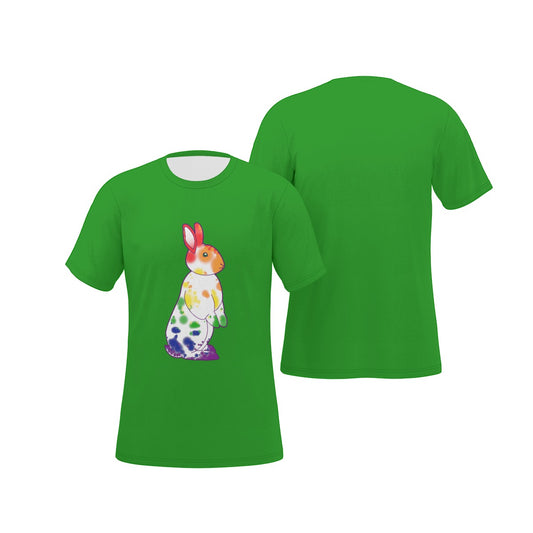 Rainbow Nosy Neighbour Bunny with Green Background Relaxed Fit O-Neck T-Shirt