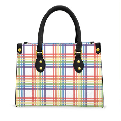 Muted Rainbow/White Tartan Plaid Tote Bag with Black Handles and Zippered Pockets