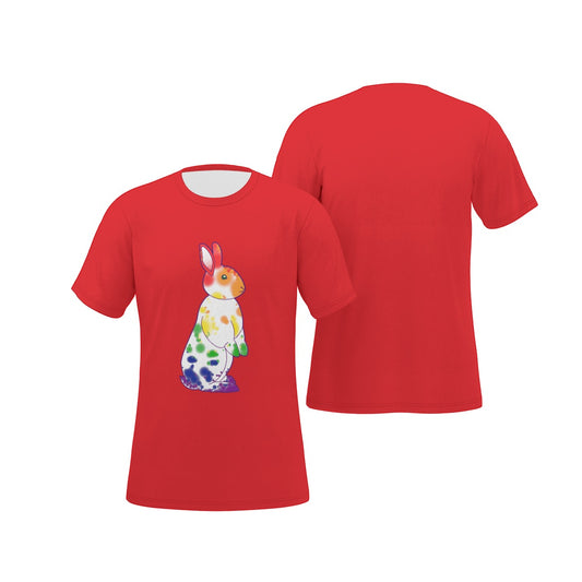 Rainbow Nosy Neighbour Bunny with Red Background Relaxed Fit O-Neck T-Shirt