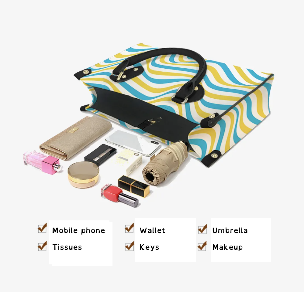 Image of the tote on its side, with items that would fit into it. Below is a list with checked boxes: Mob ile phone, Wallet, Umbrella, Tissues, Keys, Makeup