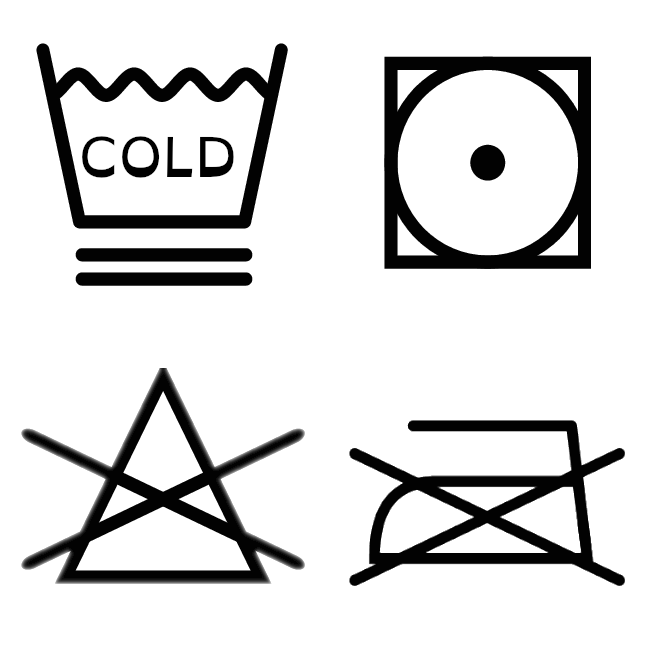 Laundry care symbols: Machine wash in cold water, use delicate cycle. Tumble dry on low. Do not bleach. Do not iron.