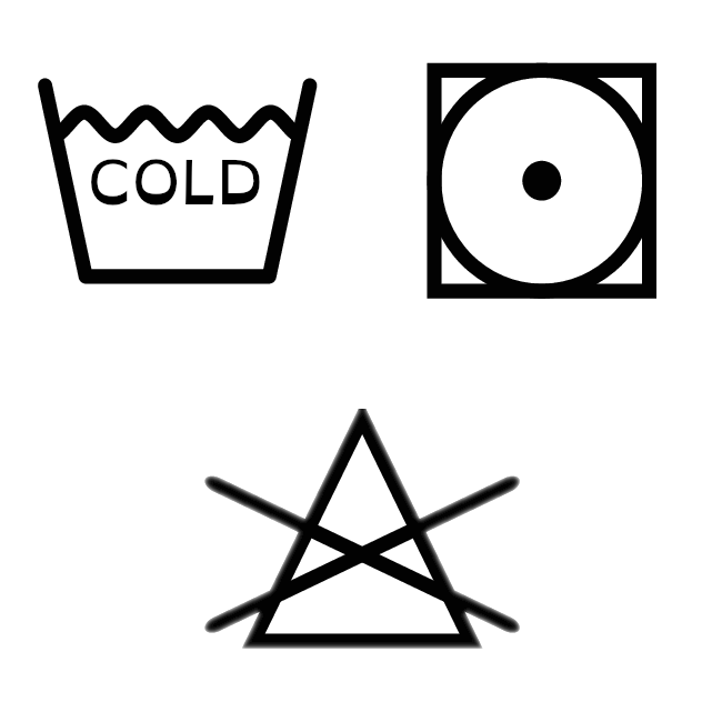 Laundry care symbols: Machine wash cold, tumble dry low, do not bleach.