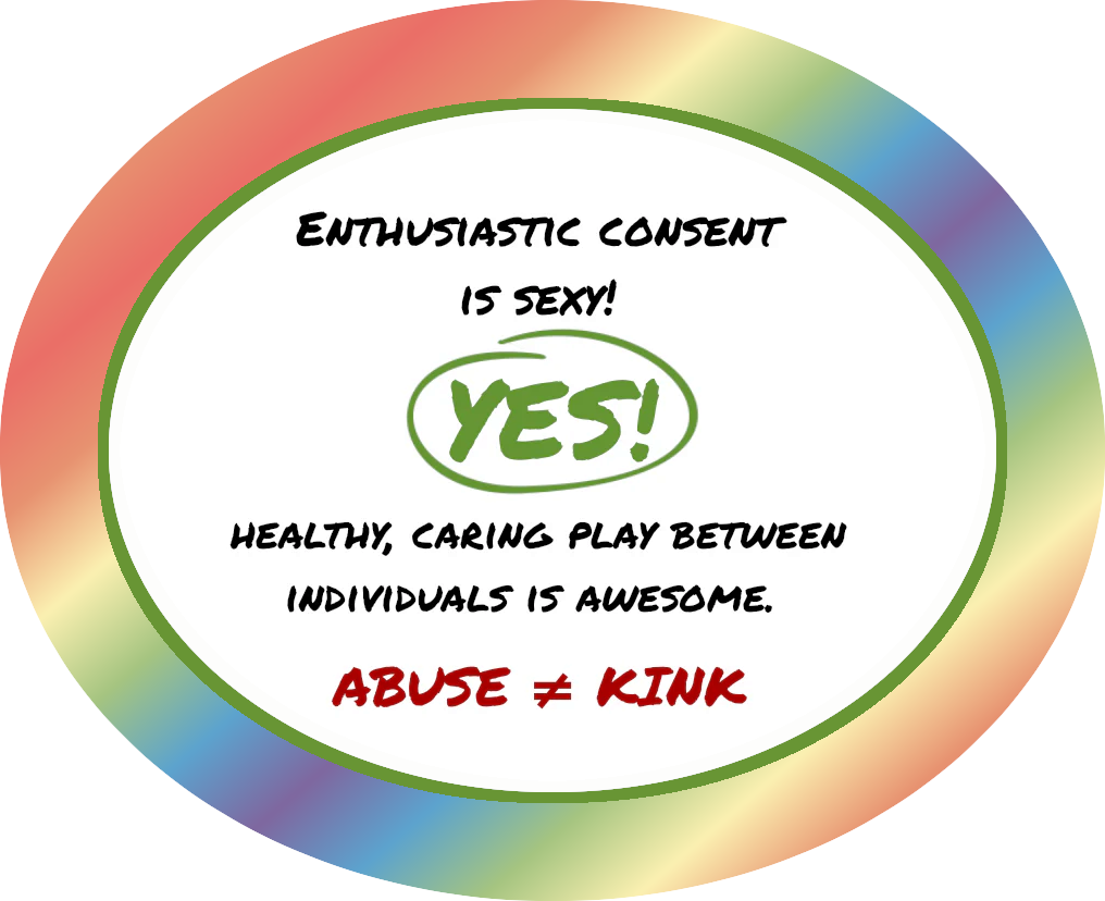 Text inside a white oval, surrounded by a rainbow gradient frame. Top Text: Enthusiastic consent is sexy!  Green "Yes!" inside a green circle. Below: Healthy, caring play between individuals is awesome. Bottom text, in red: Abuse ≠ Kink