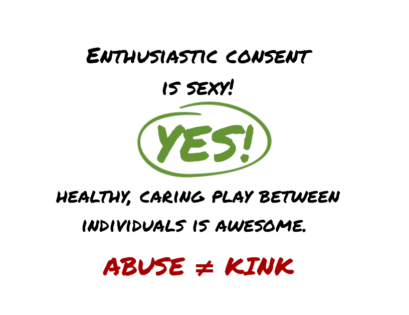 Text Graphic: Enthusiastic consent is sexy! In green, below, the word YES! in side a green circle. Below that, in black: Healthy, caring play between individuals is awesome. Below that, in dark red: Abuse ≠ Kink