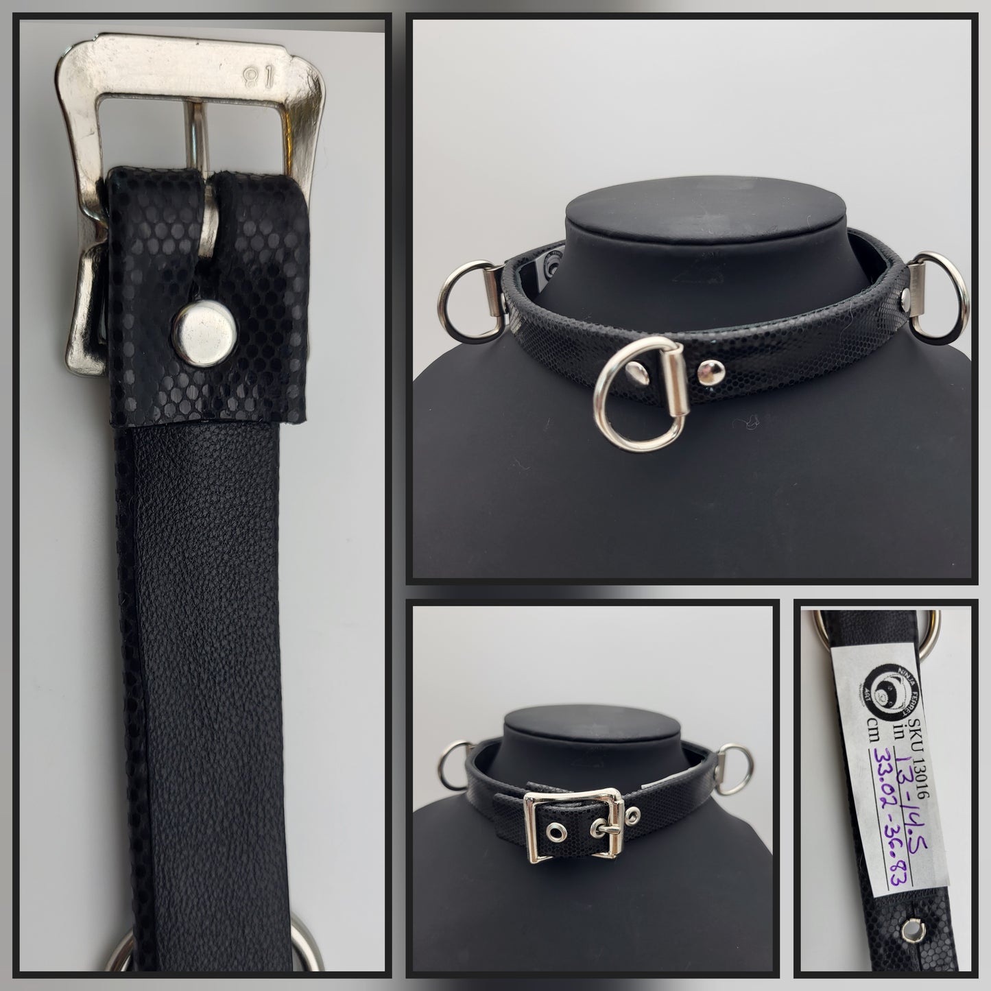 Black faux stingray (real leather) collar black lambskin lining and buckle. 13"-14.5"/33.02-36.83cm