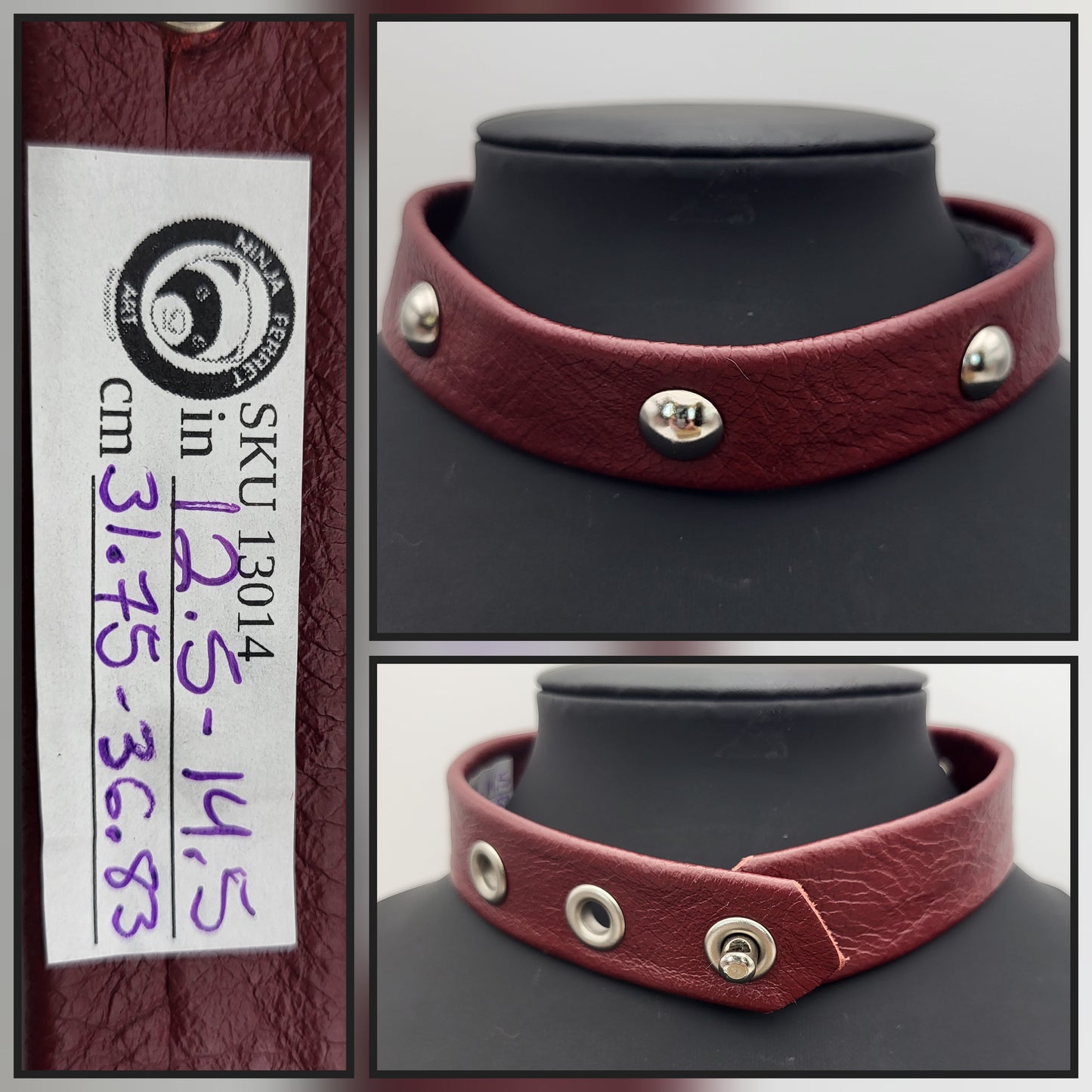 Maroon red collar with locking post. 12.5"-14.5"/31.75-36.83cm
