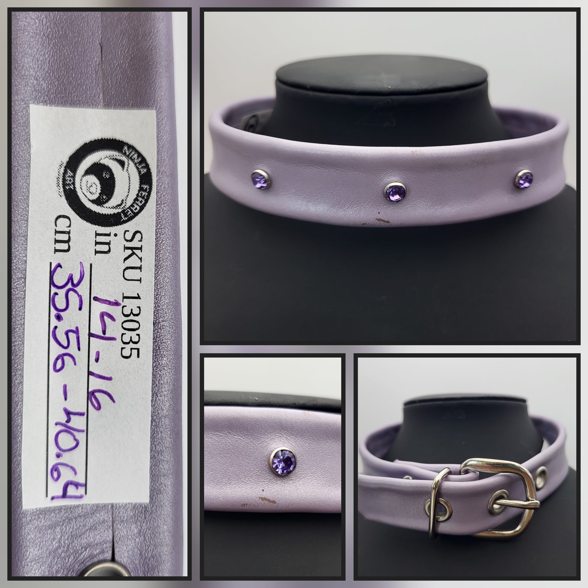 Light purple collar with buckle. 14"-16"/35.56-40.64cm
