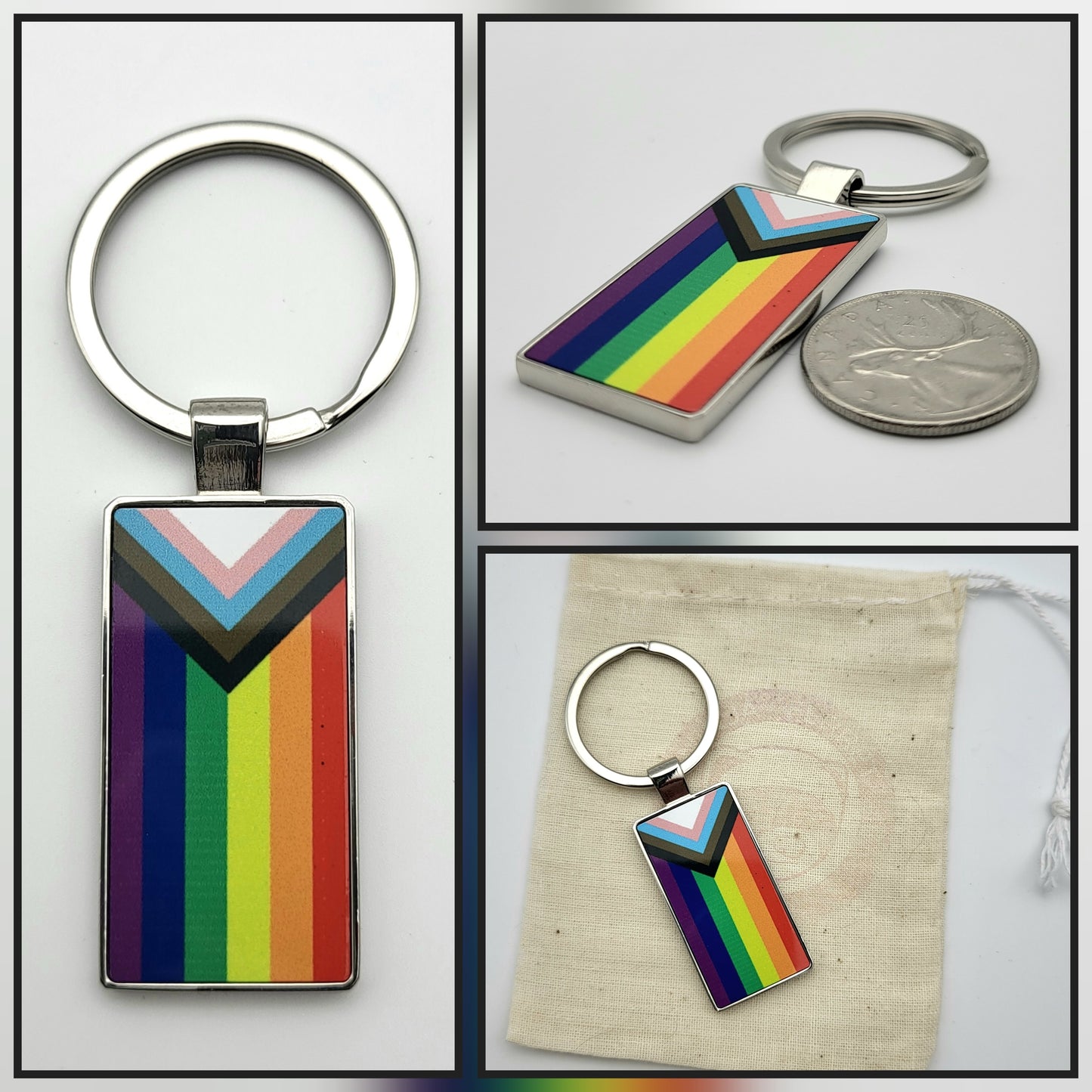 3 Views of a metal keychain. It has a rainbow progress flag design.