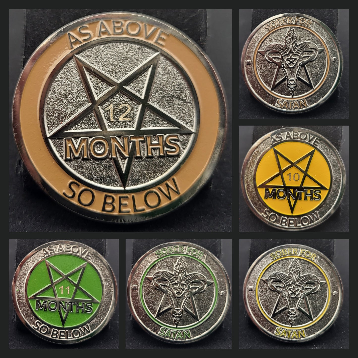 Photo of the front and back of three sobriety coins. 10 months, 11 months, and 12 months. 10 months has a bold yellow accent colour. 11 months has a kelly green accent colour.  12 months features a bronze-coloured accent. 