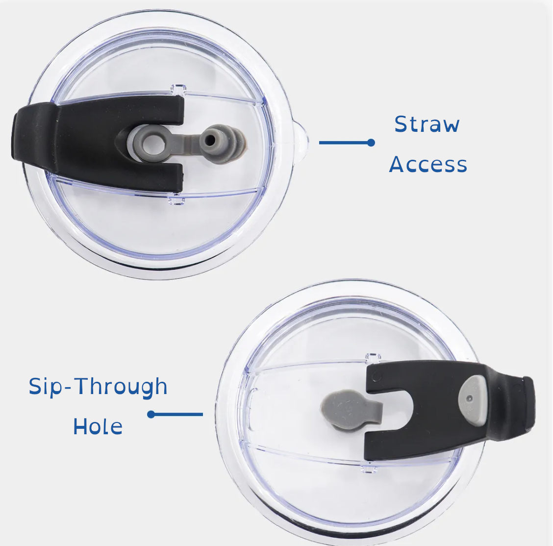 Two top views of the tumbler lid. It's clear plastic witha black flip top. View one shows the flip top closed, and a light grey straw hole with attached plug is open. Beside it, a label says: Straw Access. The other image shows the grey straw plug closed, and the black flip top is open to show a sipping hole. The lapel beside it reads: Sip-Through Hole.