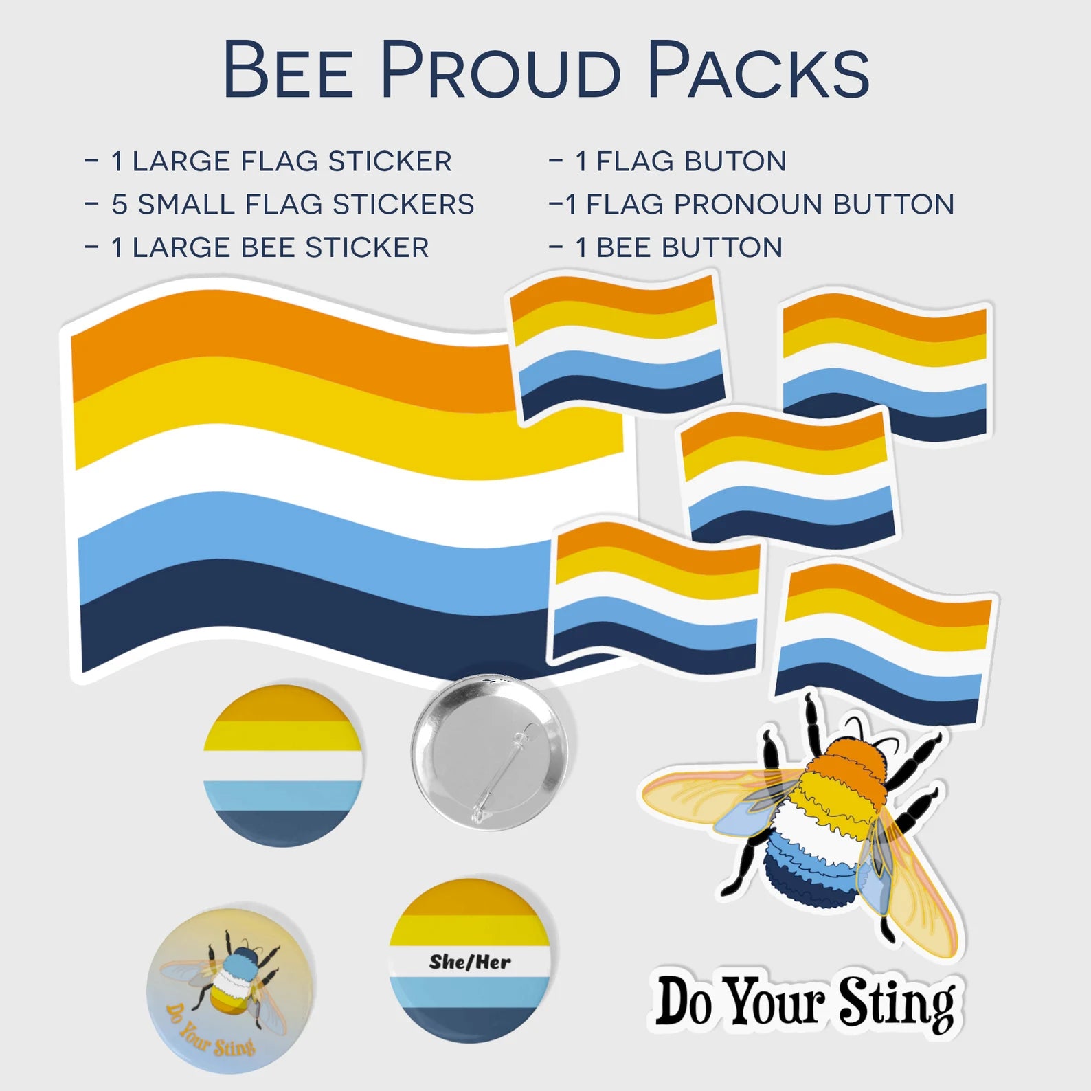 Image of the Bee Proud Pack, showing 1 lg & 5 small waving flag stickers, 1 lg bee sticker, and 3 buttons