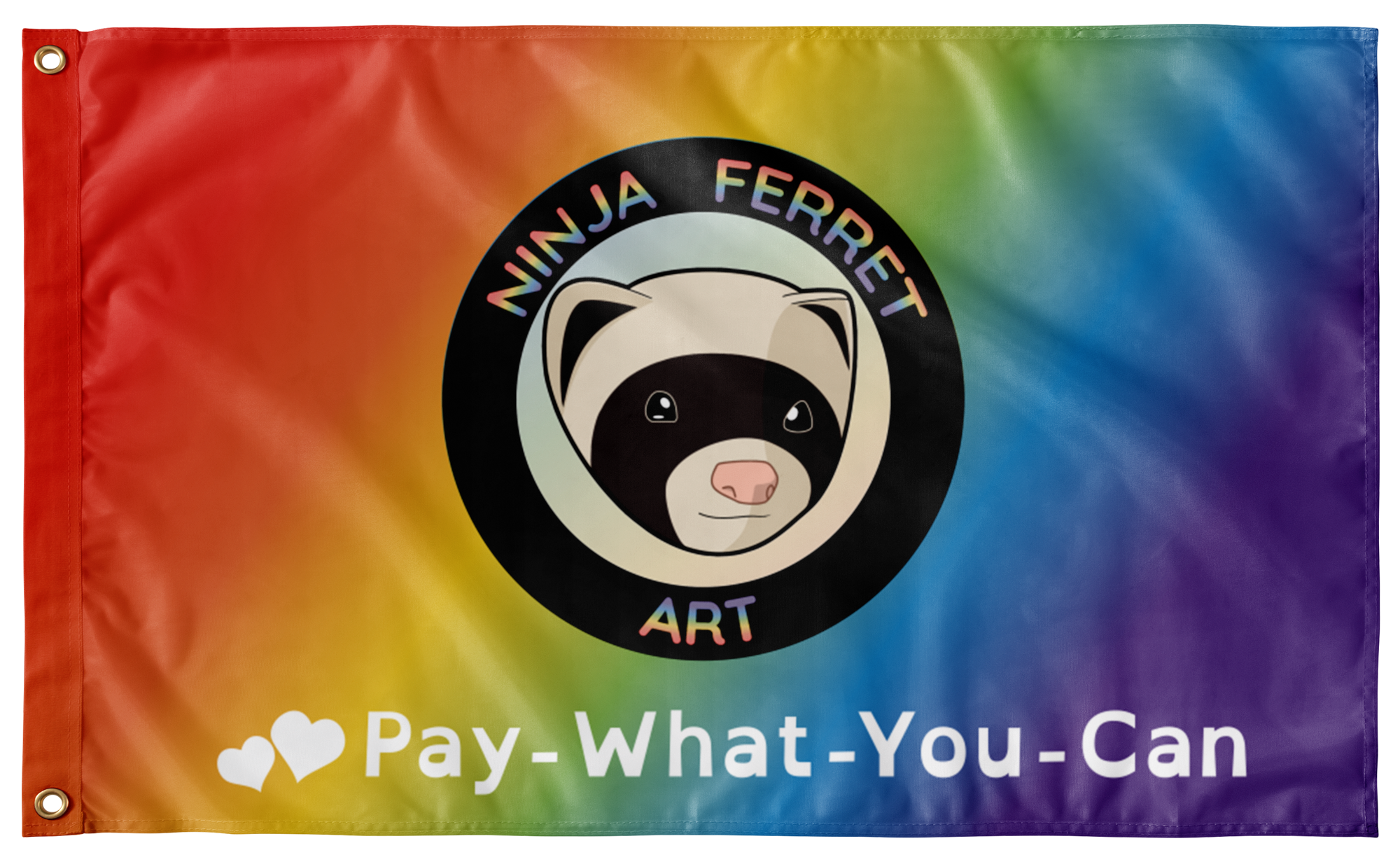 Flag with rainbow background and Ninja Ferret Logo. White text on the flag says: Pay-What-You-Can