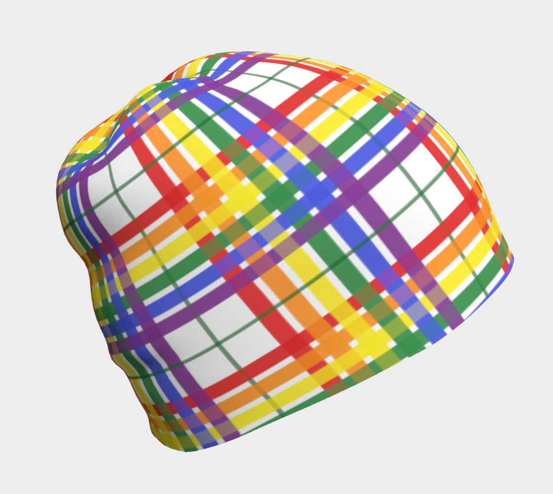 Mockup of a beanie/touque. It has a rainbow and white plaid pattern