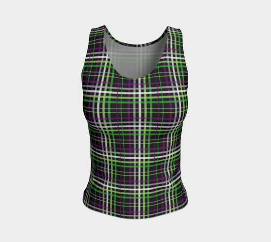 Image of a fitted sleeveless top. It is printed with a plaid pattern using the Aroace - V6 colours