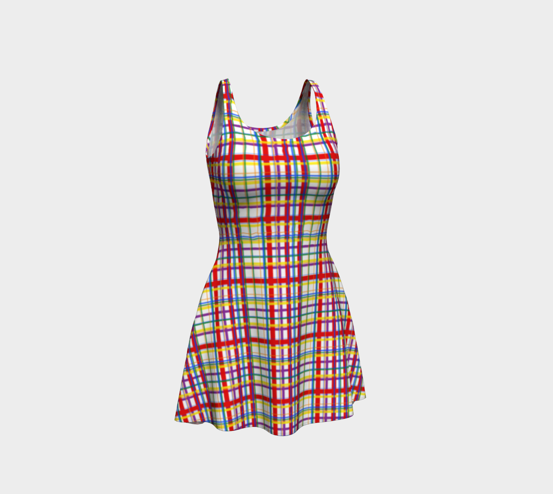 Image of a sleeveless dress with wide straps, fitted upper half, and flared skirt, which appears to hang to mid-thigh. The dress has a pattern of rainbow madras plaid.