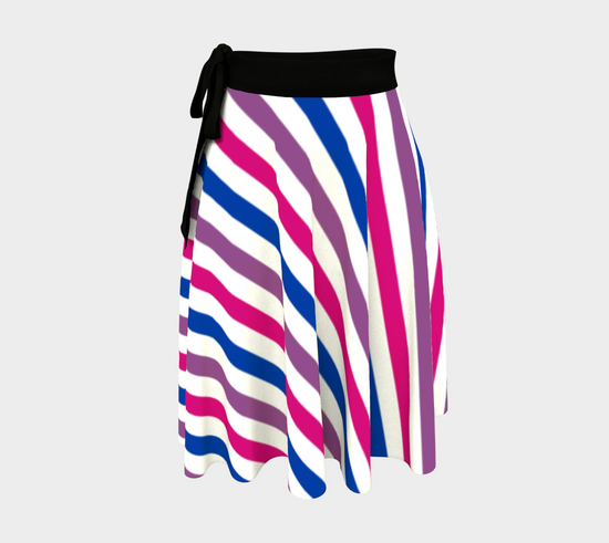 Image of a wrap skirt with black waist tie. The body of the skirt has alternating pink, white, purple, white, blue, and white stripes