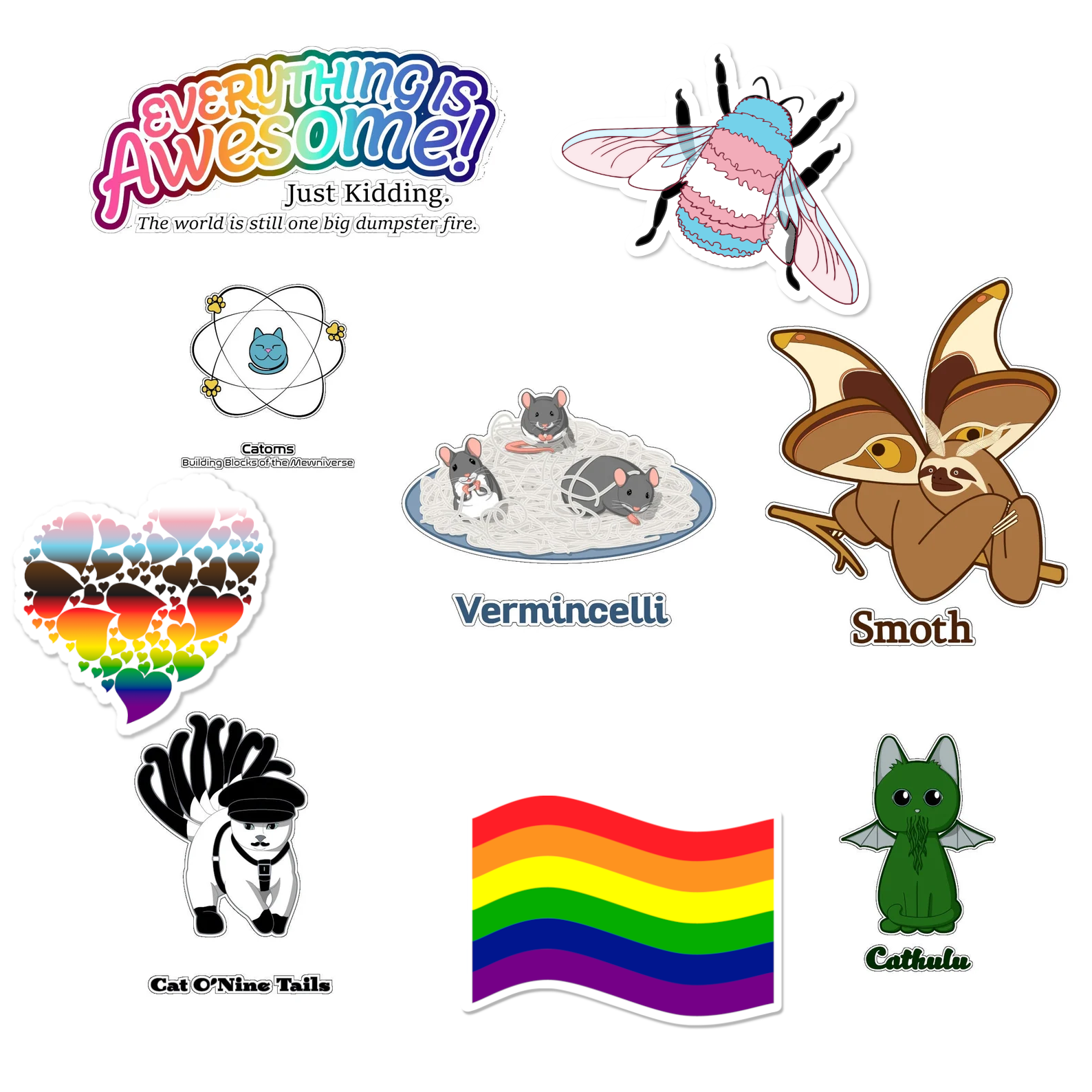 Image of assort'd vinyl stickers: Everything is Awesome!, Transgender bumblebee, Catoms, Vermincelli, Smoth, Queer heart of hearts, Cat o Nine Tails, Rainbow flag, and Cathulu