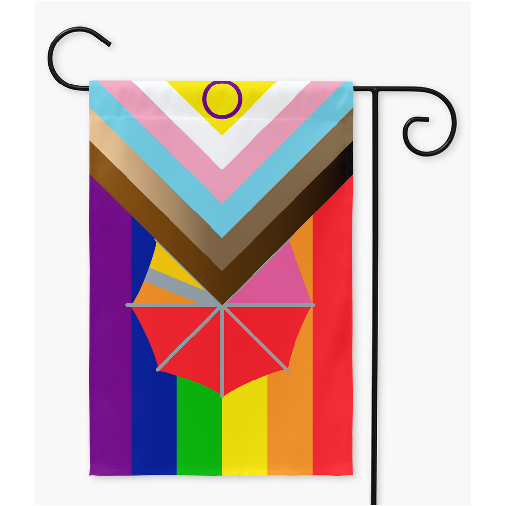 Banderas de jardín y patio del Orgullo arcoíris más inclusivas - V2 | Una o dos caras | 2 tamaños | Orgullo arcoiris