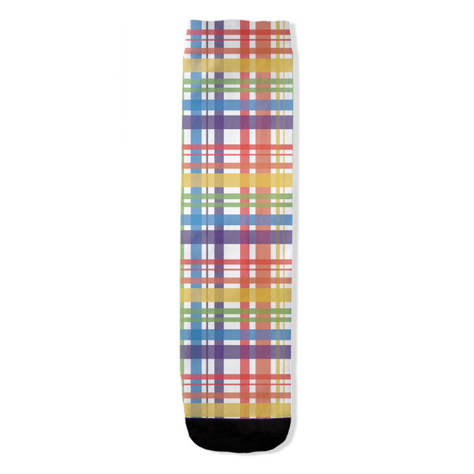 Muted Rainbow and White Plaid All-Over Print Socks