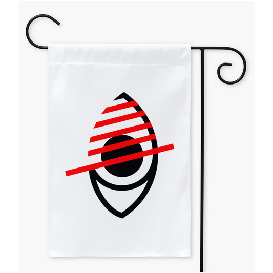 Mockup image of a rectangular garden flag on a black metal flag stand. The flag is white, with the symbol of a stylized eye drawn in black. It has red diagonal lines through half, and a longer diagonal as a slash mark though the centre.