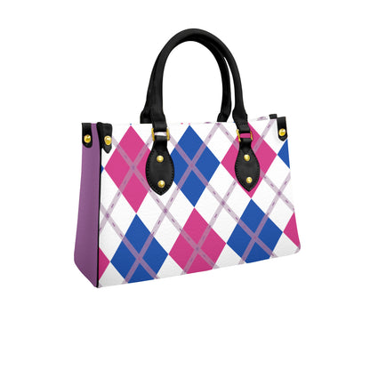 Bisexual and White Solid Argyle Tote Bag with Black Handles and Zippered Pockets