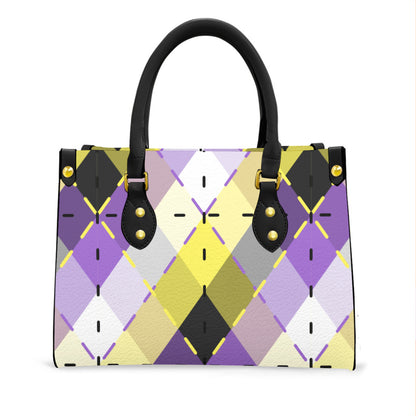 Nonbinary Bright Blended Argyle Tote Bag with Black Handles and Zippered Pockets