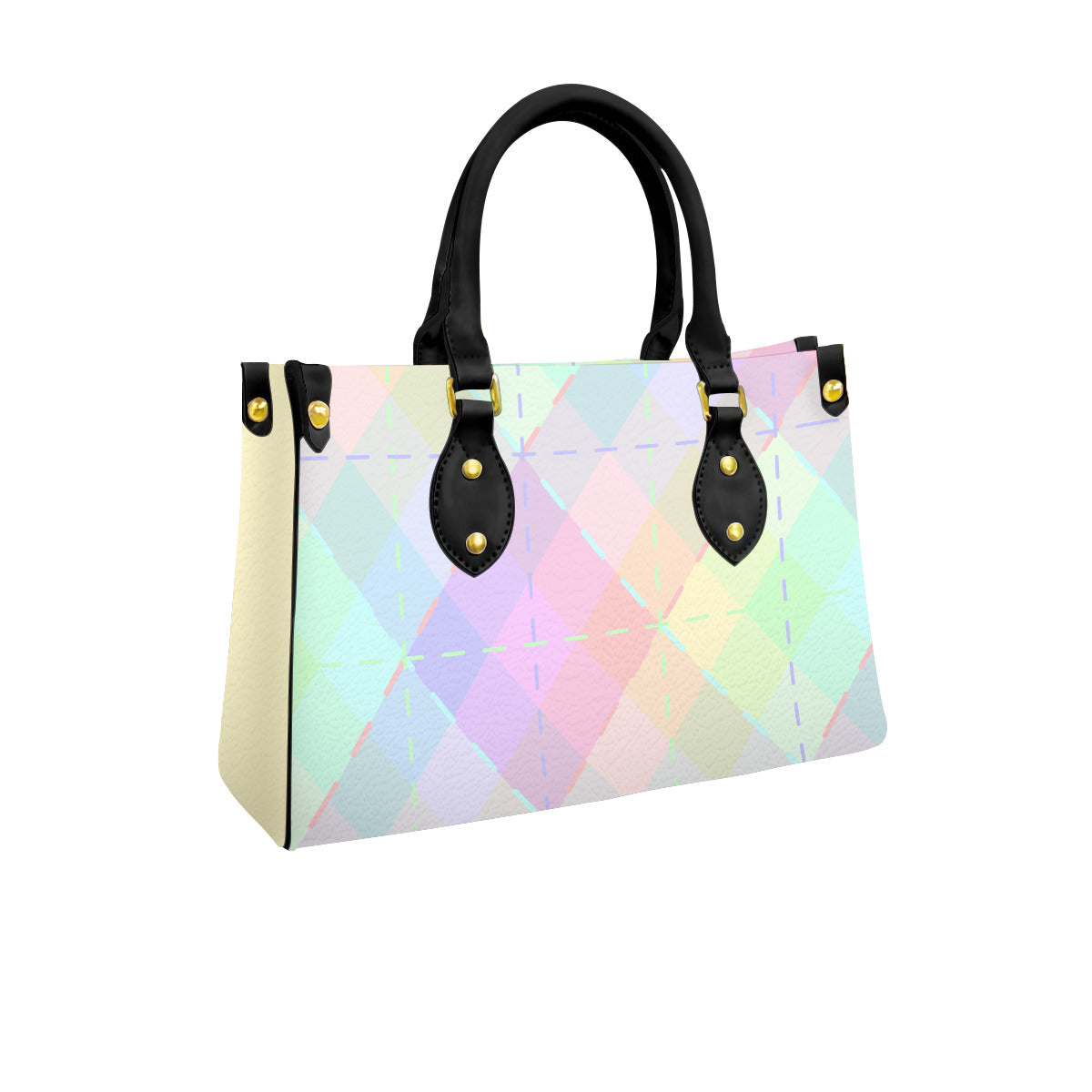 Pastel Rainbow Blended Argyle Tote Bag with Black Handles and Zippered Pockets