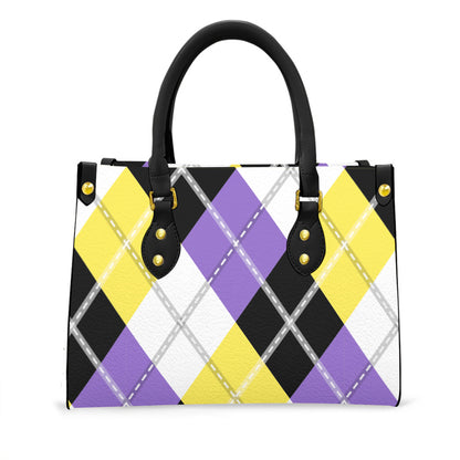 Nonbinary Solid Argyle Tote Bag with Black Handles and Zippered Pockets