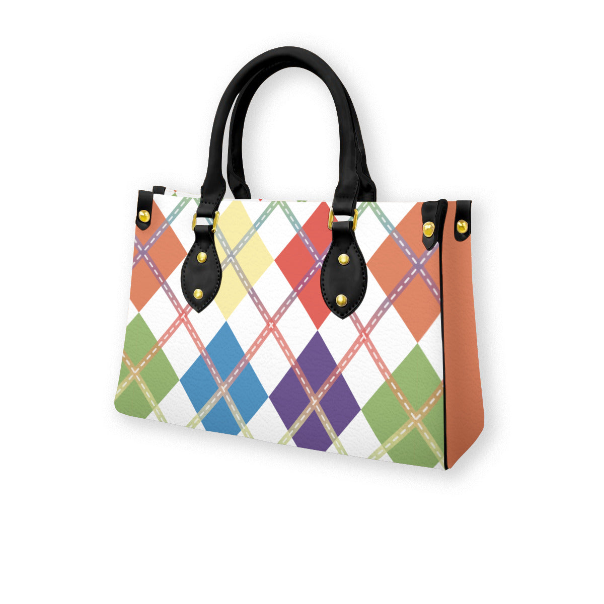 Muted Rainbow and White Solid Argyle Tote Bag with Black Handles and Zippered Pockets