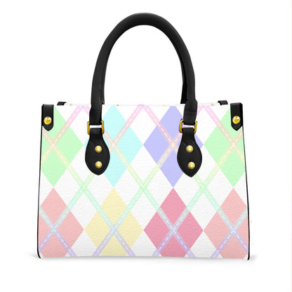 Pastel Rainbow and White Solid Argyle Tote Bag with Black Handles and Zippered Pockets