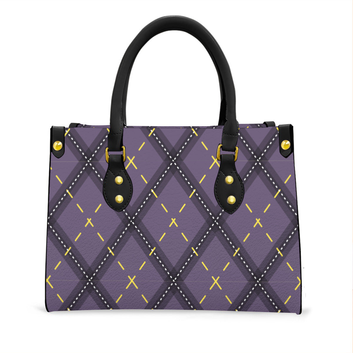 Nonbinary Dark Argyle Tote Bag with Black Handles and Zippered Pockets