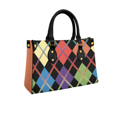 Muted Rainbow and Black Solid Argyle Tote Bag with Black Handles and Zippered Pockets