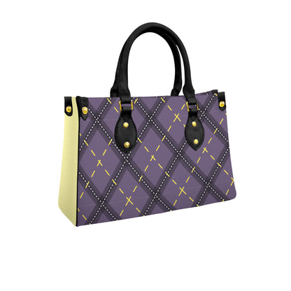 Nonbinary Dark Argyle Tote Bag with Black Handles and Zippered Pockets