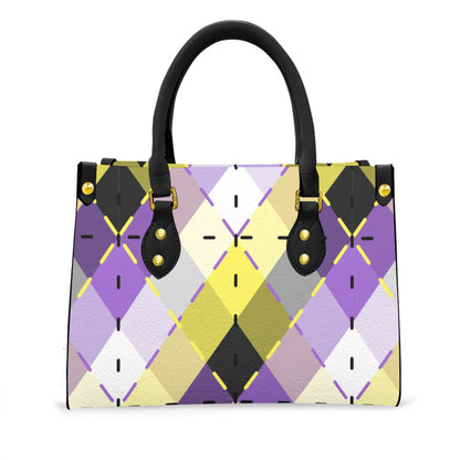 Nonbinary Bright Blended Argyle Tote Bag with Black Handles and Zippered Pockets