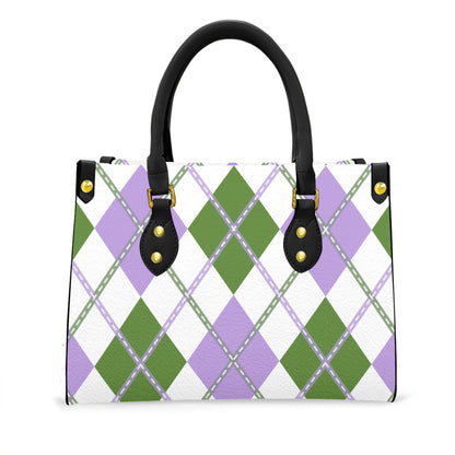 Genderqueer and White Solid Argyle Tote Bag with Black Handles and Zippered Pockets