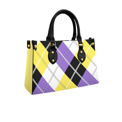 Nonbinary Solid Argyle Tote Bag with Black Handles and Zippered Pockets