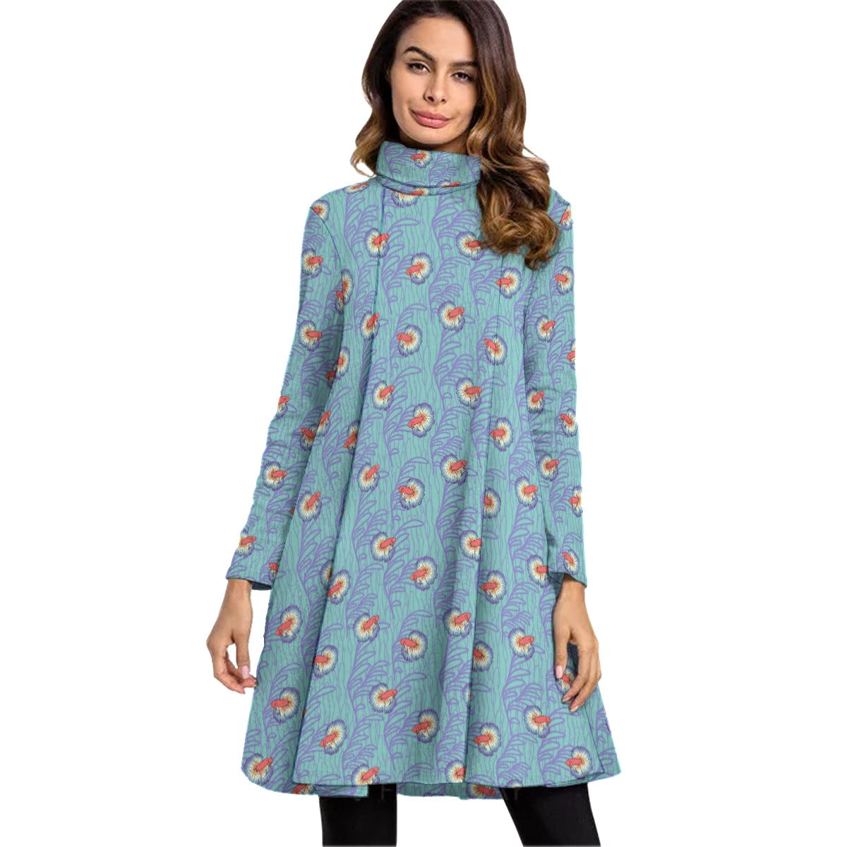 Betta and Seaweed Pattern Turtle Neck Dress With Long Sleeves | Choose Your Colourway