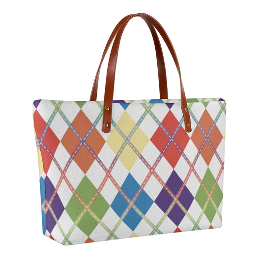 Muted Rainbow/White Solid Argyle Zippered Neoprene Tote Bag