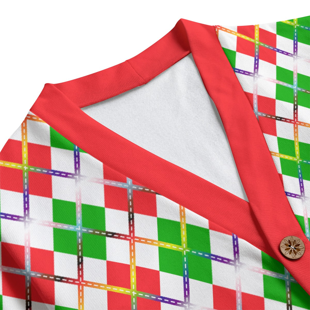 Closeup of a cardigan with buttons. It has red trim, and a red, white and green argyle with rainbow accents.