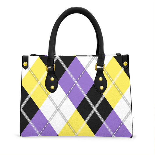 Nonbinary Solid Argyle Tote Bag with Black Handles and Zippered Pockets